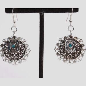 Dangle Drop Earrings Silver Tone Layered Filagree Faux Turquoise Stones